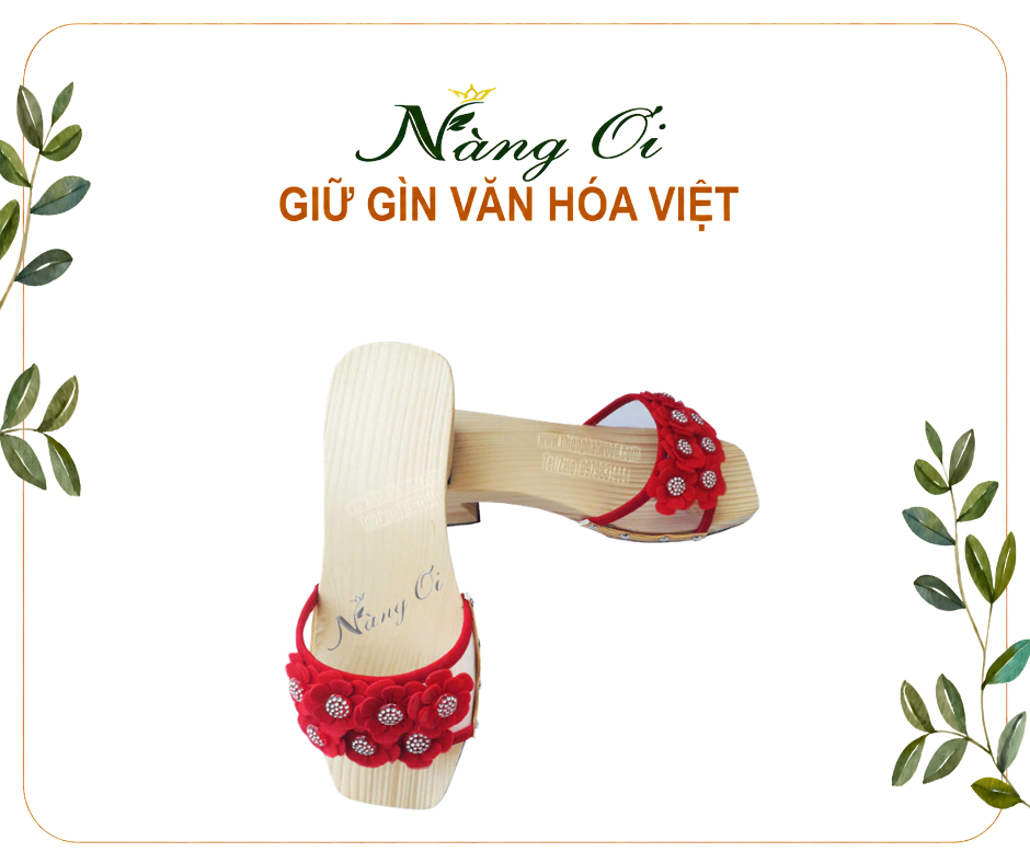 guốc gỗ quai nhựa trong đính hoa đỏ nổi bật